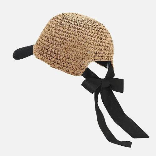 Lace - Up Black Bow Straw Sun Hat - SHExFAB