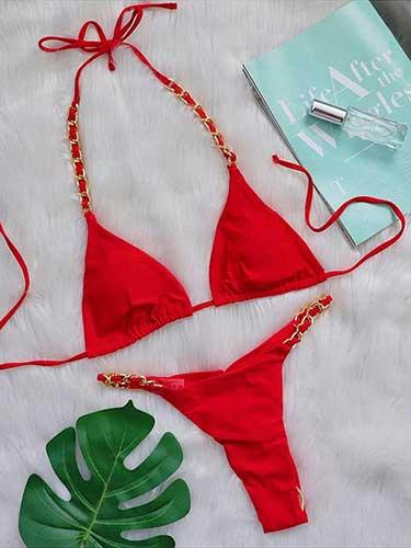 Lace - Up Chain Neck 2 Piece Triangle Bikini Set - SHExFAB