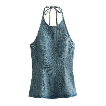 Lace - Up Halter Slim Waist Denim Tank Top - SHExFAB