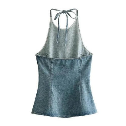 Lace - Up Halter Slim Waist Denim Tank Top - SHExFAB