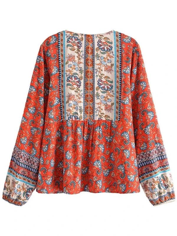 Lace - Up Neck Floral Long Sleeve Pullover Blouse - SHExFAB