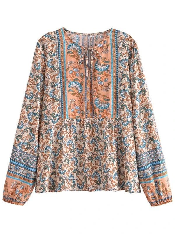 Lace - Up Neck Floral Long Sleeve Pullover Blouse - SHExFAB