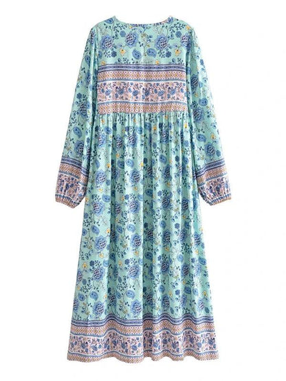 Lace - Up Tassel Floral Long Sleeve Bohemian Maxi Dress - SHExFAB