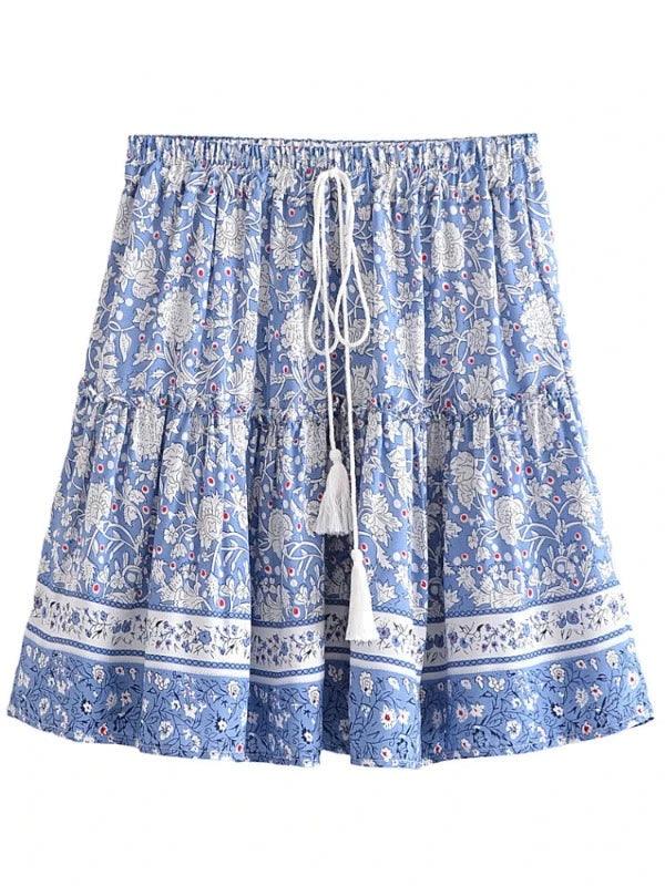 Lace - Up Tassel Light Blue Floral Skirt - SHExFAB