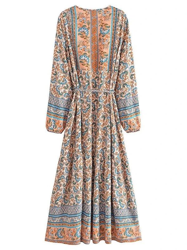 Lace - Up Tassel Long Sleeve Floral Boho Dress - SHExFAB