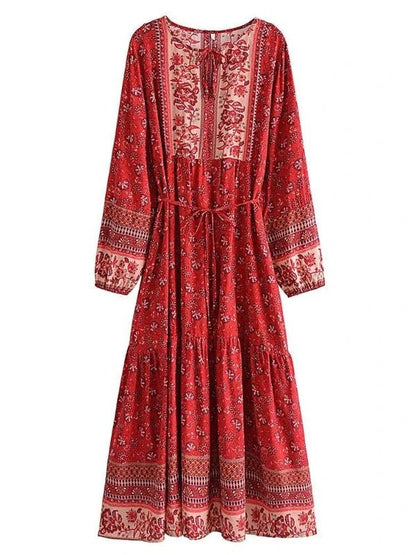 Lace - Up Tassel Long Sleeve Floral Boho Dress - SHExFAB