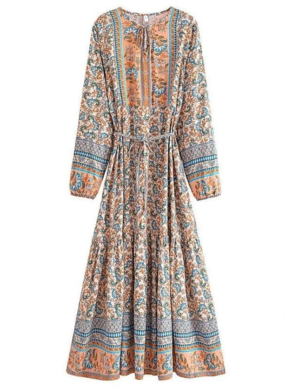 Lace - Up Tassel Long Sleeve Floral Boho Dress - SHExFAB