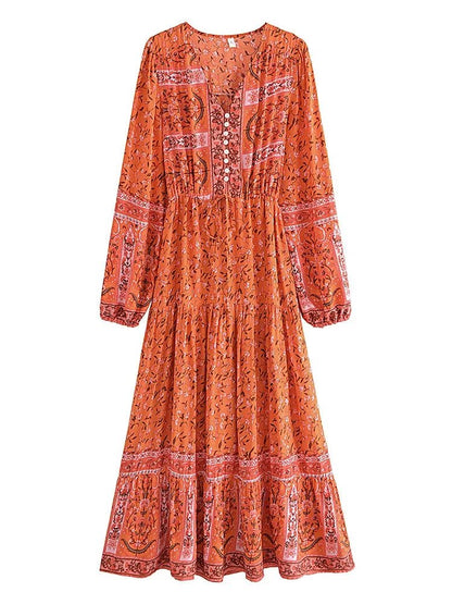 Lantern Sleeve Floral Print Bohemian Maxi Dress - SHExFAB