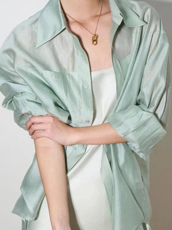 Lapel Collar Long Sleeve Sheer Dress Shirt - SHExFAB