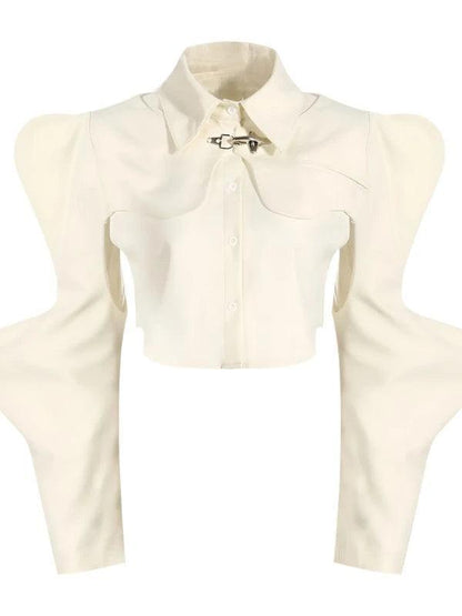 Lapel Petal Sleeve Metal Button Cropped Blouse - SHExFAB