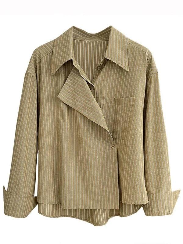 Large Lapel Collar Long Sleeve Striped Office Shirt - SHExFAB