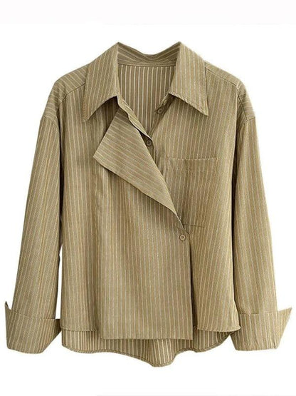 Large Lapel Collar Long Sleeve Striped Office Shirt - SHExFAB