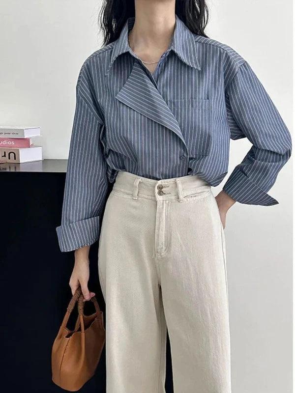 Large Lapel Collar Long Sleeve Striped Office Shirt - SHExFAB