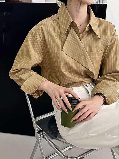 Large Lapel Collar Long Sleeve Striped Office Shirt - SHExFAB