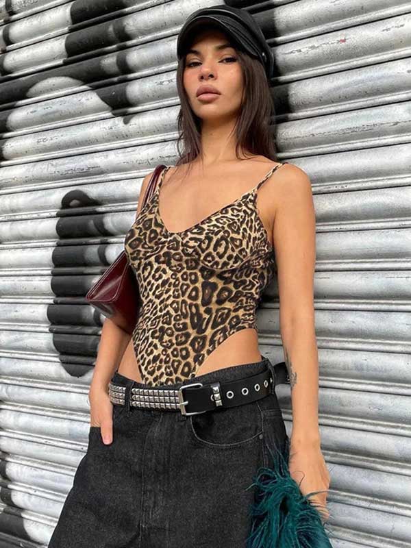 Leopard Print Backless High Cut Bodysuit - SHExFAB