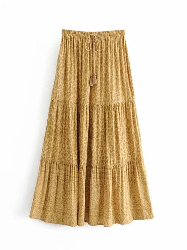 Leopard Print Elastic Waist A - Line Pleated Maxi Skirt - SHExFAB