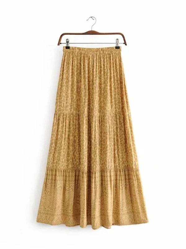 Leopard Print Elastic Waist A - Line Pleated Maxi Skirt - SHExFAB