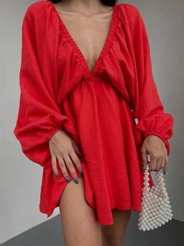 Long Puff Sleeve Plunge Neck Mini Dress - SHExFAB