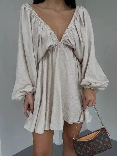 Long Puff Sleeve Plunge Neck Mini Dress - SHExFAB