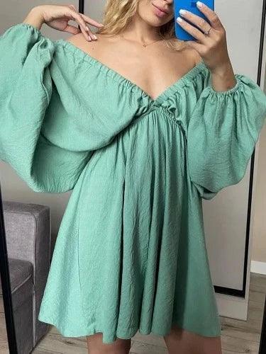 Long Puff Sleeve Plunge Neck Mini Dress - SHExFAB