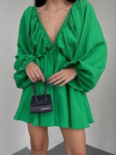 Long Puff Sleeve Plunge Neck Mini Dress - SHExFAB