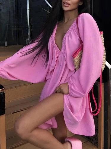 Long Puff Sleeve Plunge Neck Mini Dress - SHExFAB