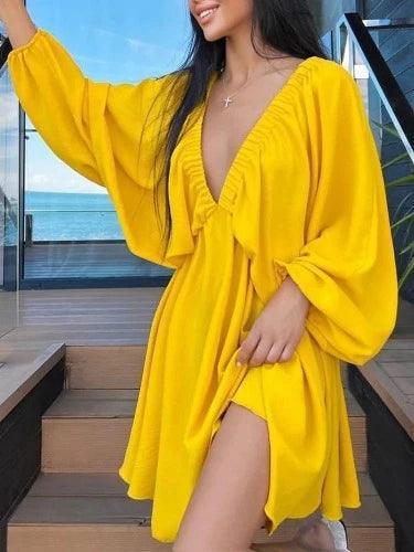 Long Puff Sleeve Plunge Neck Mini Dress - SHExFAB