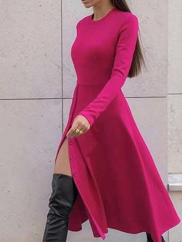 Long Sleeve Button Maxi Slit Long Dress - SHExFAB