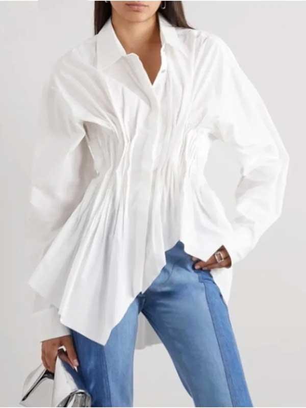 Long Sleeve Elastic Waist Irregular Length Shirt - SHExFAB