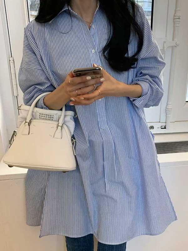 Long Sleeve Irregular Length Striped Split Back Shirt - SHExFAB