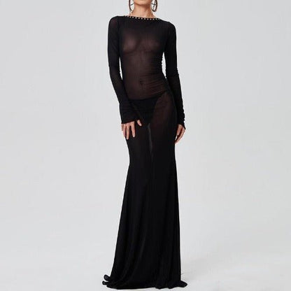 Long Sleeve Mesh Backless Evening Dress - SHExFAB