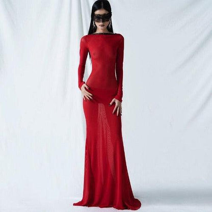 Long Sleeve Mesh Backless Evening Dress - SHExFAB