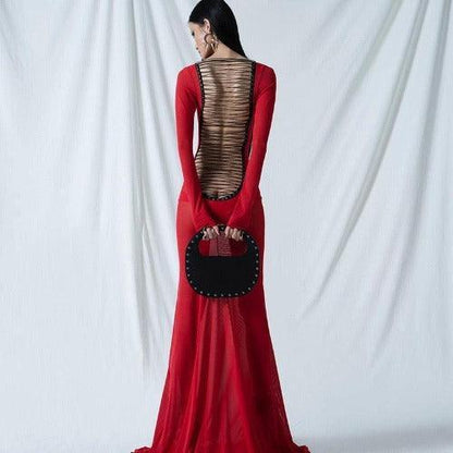 Long Sleeve Mesh Backless Evening Dress - SHExFAB