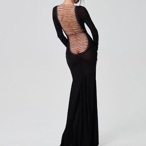 Long Sleeve Mesh Backless Evening Dress - SHExFAB