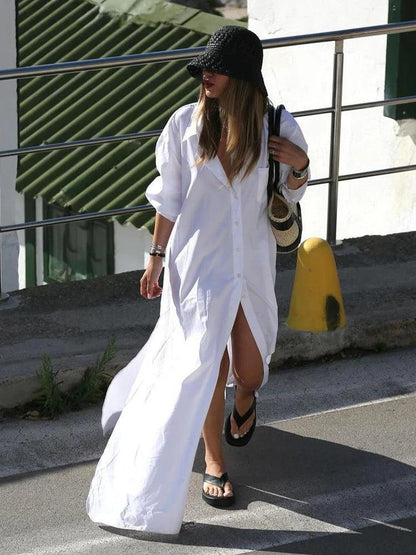 Long Sleeve Single Breasted Maxi White Shirt Dress - SHExFAB