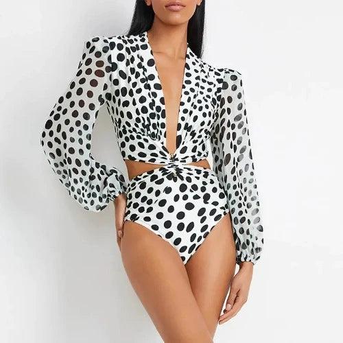 Low Cut Chiffon Sleeve One - Piece Floral Swimsuit - SHExFAB