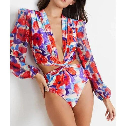 Low Cut Chiffon Sleeve One - Piece Floral Swimsuit - SHExFAB