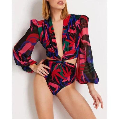 Low Cut Chiffon Sleeve One - Piece Floral Swimsuit - SHExFAB