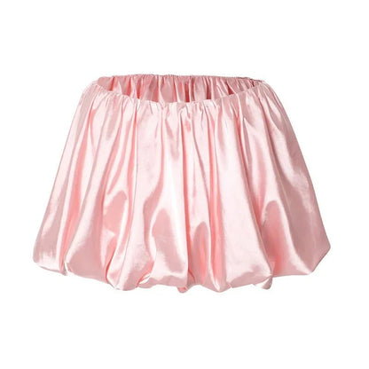 Low Elastic Waist Pink Satin Mini Bubble Skirt - SHExFAB