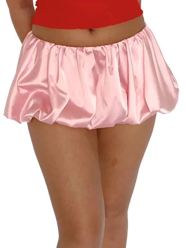 Low Elastic Waist Pink Satin Mini Bubble Skirt - SHExFAB