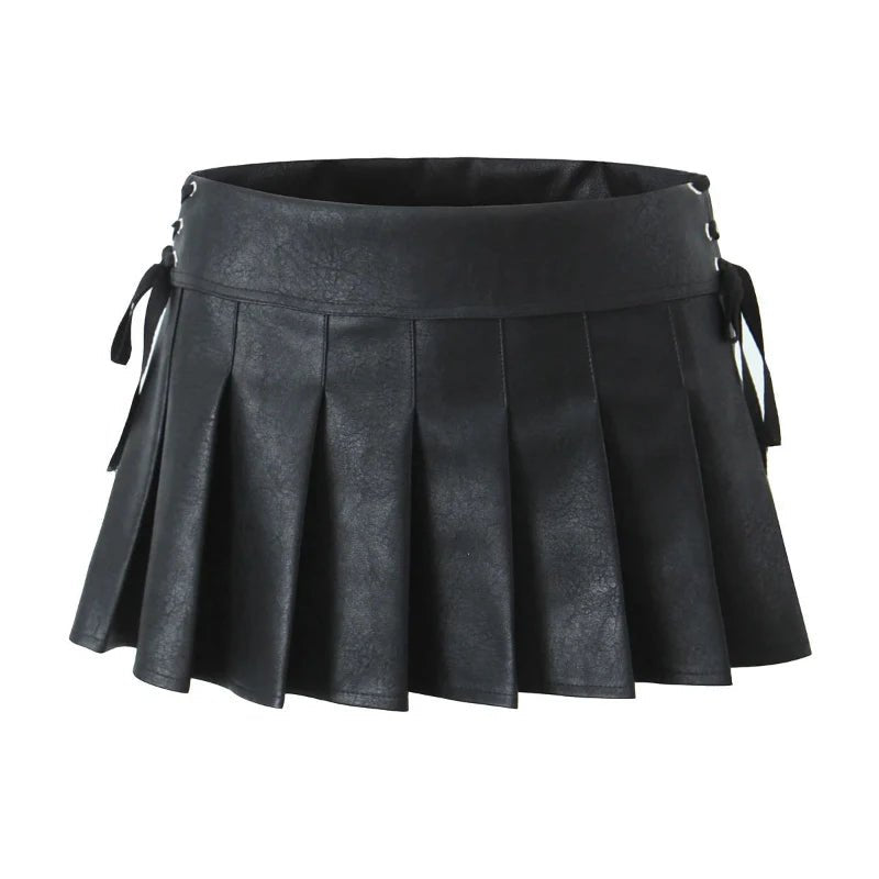 Low Waist Eyelet PU Leather Pleated Mini Skirt - SHExFAB