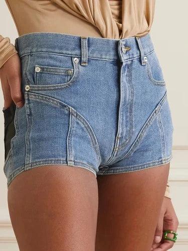 Low Waist Pocket Patchwork Booty Shorts Denim Shorts - SHExFAB