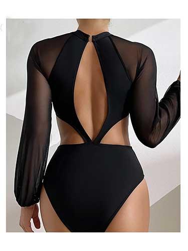 Mesh Sleeve Cut Out One Piece Black Swimsuit - SHExFAB