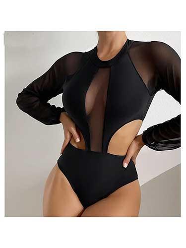 Mesh Sleeve Cut Out One Piece Black Swimsuit - SHExFAB