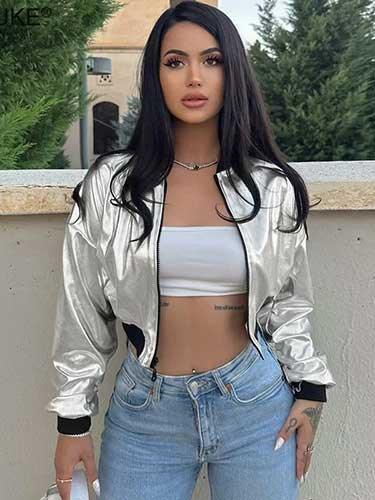 Metallic Cropped Bomber Jacket - SHExFAB