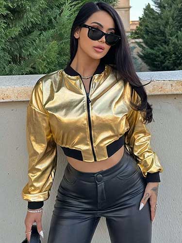 Metallic Cropped Bomber Jacket - SHExFAB