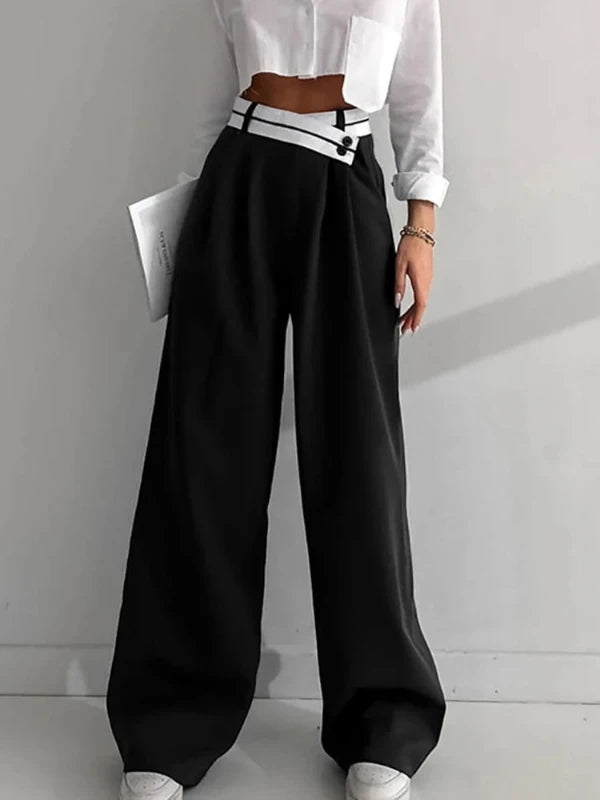 Mid Waist Button Wide Leg Straight Trousers - SHExFAB