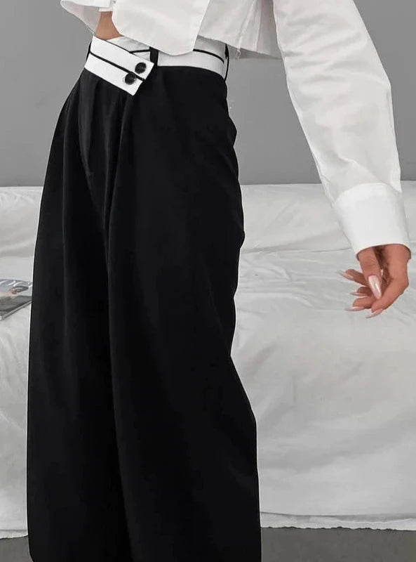 Mid Waist Button Wide Leg Straight Trousers - SHExFAB