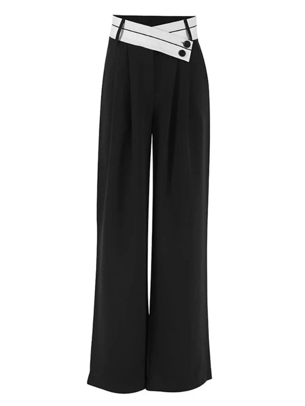 Mid Waist Button Wide Leg Straight Trousers - SHExFAB