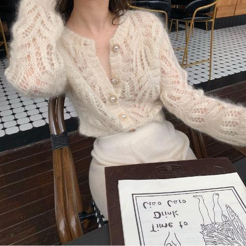 Mohair Pearl Button White Cardigan - SHExFAB